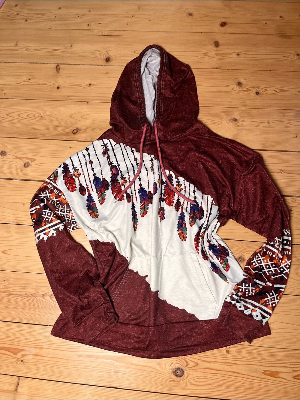 Women’s Boho Feather Print Hoodie Burgundy Pullover